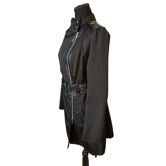 Worthington Black Mock Neck Edgy Belted Asymmetrical Zip Trench Size M - Picture 4 of 7